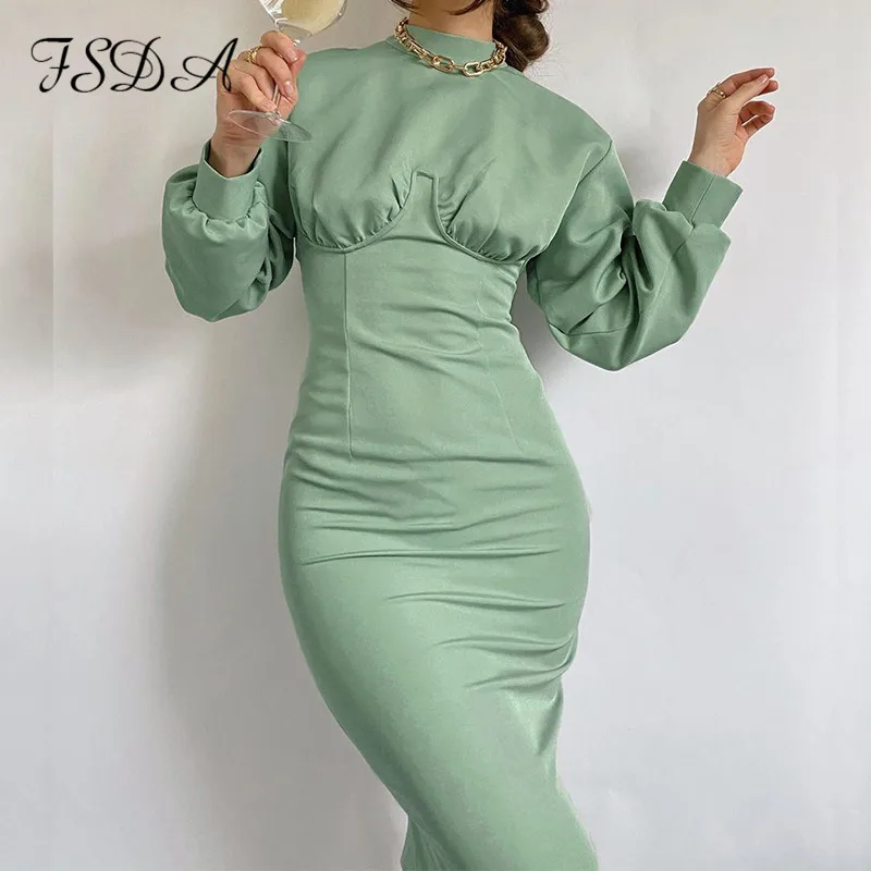 FSDA облегающее платье миди с длинным рукавом женское элегантное Водолазка