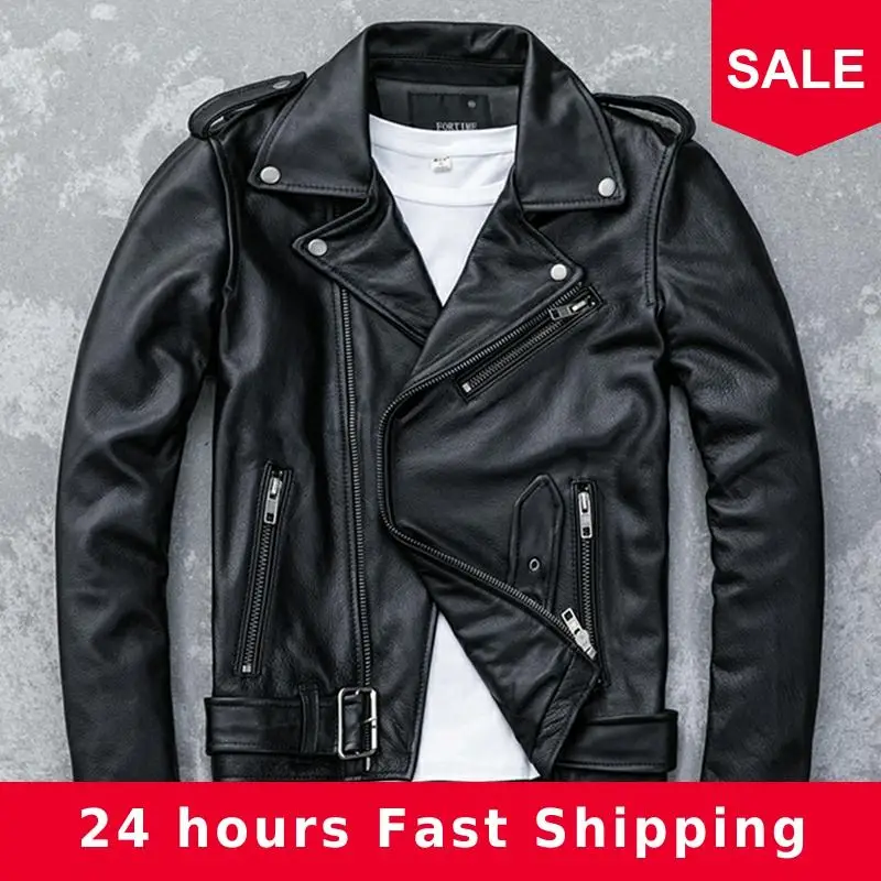 

2020 Black Men Slim Fit Biker's Leather Jacket Large Size XXXL Genuine Cowhide Russian Autumn Short Motorcycle Leather Coat