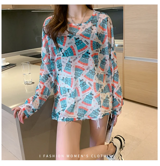 Disney 2021 Summer Famous Anime Mickey Mouse Brand Mesh Shirt Women Sun Protection Transparent Long Sleeve Blouse Ladies T-shirt 3755