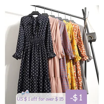 

Women Casual Autumn Dress Lady Korean Style Vintage Floral Printed Chiffon Shirt Dress Winter Long Sleeve Bow Midi Dress Vestido