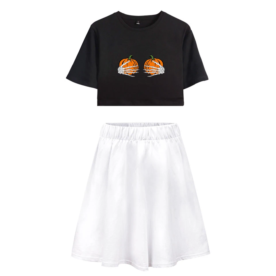 Women sexy  HALLOWEENR Ghost Skull short crop top women tops skirt summer 2 piece set for female  two pieces set skirts white