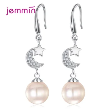 

Promotion Sale S925 Silver Danlger Drop Earrings Freshwater Pearl AAA Zircon Inlay Star/Moon Pendant Ear Pendientes Jewelry