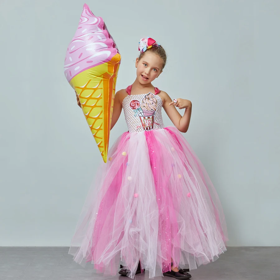 Ice Cream Sweet Candy Girls Tutu Dress with Hair Bows Kids Birthday Tutu Costume Pageant Princess Gown Dress Lollipop Dress (18)