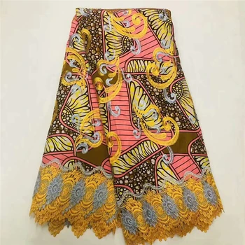 

Esewing High Quality African Wax print New Arrival Ankara Wax Lace Fabric African Embroidery Ghana Wax With Guipure Lace Fabric