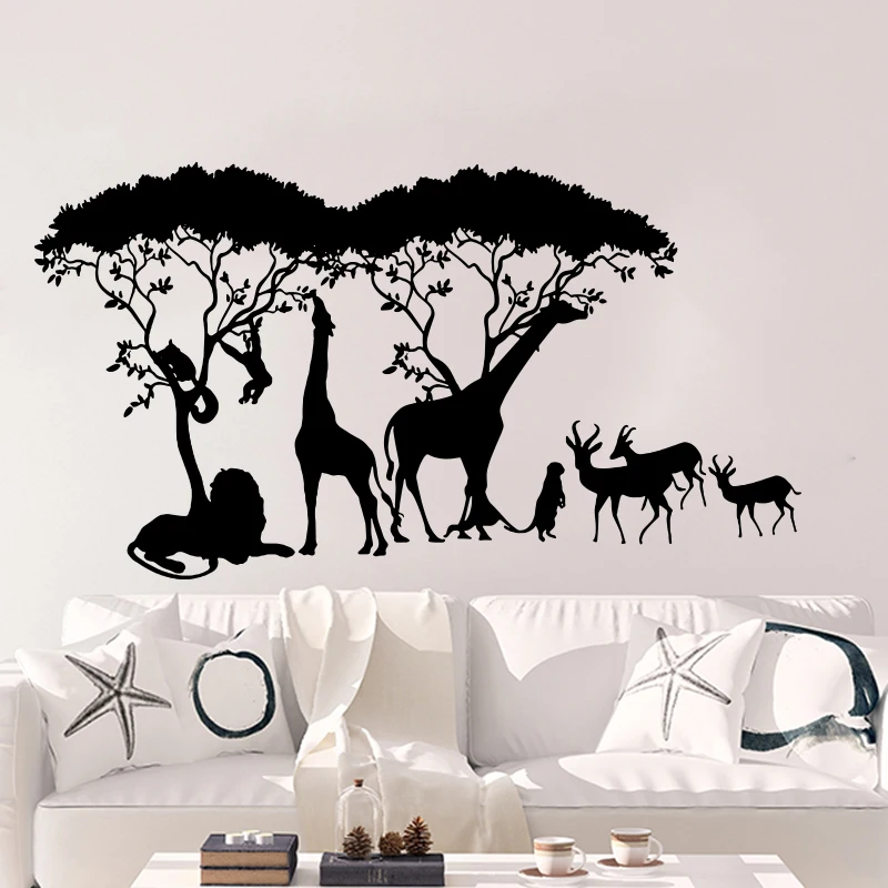 Large Zoo Giraffe Monkey Lion Deer Wall Sticker Bedroom Kids Room Cartoon Forest Tree Safrica Africa Animal Wall Deca Nursery (1)
