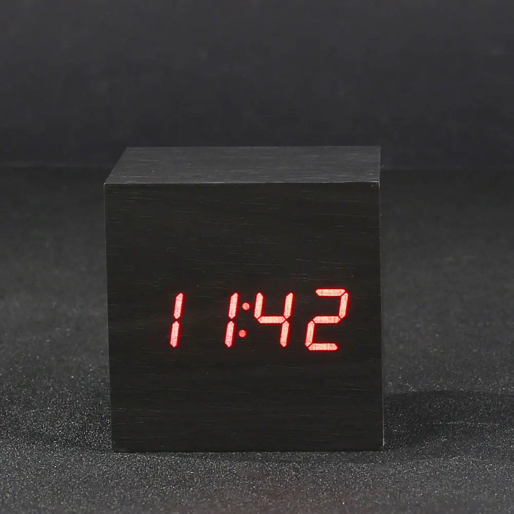 black wood red word Cube Click Clock Gift Alarm-LED Display Wood Sound Activated Home Decor - Цвет: black wood red word