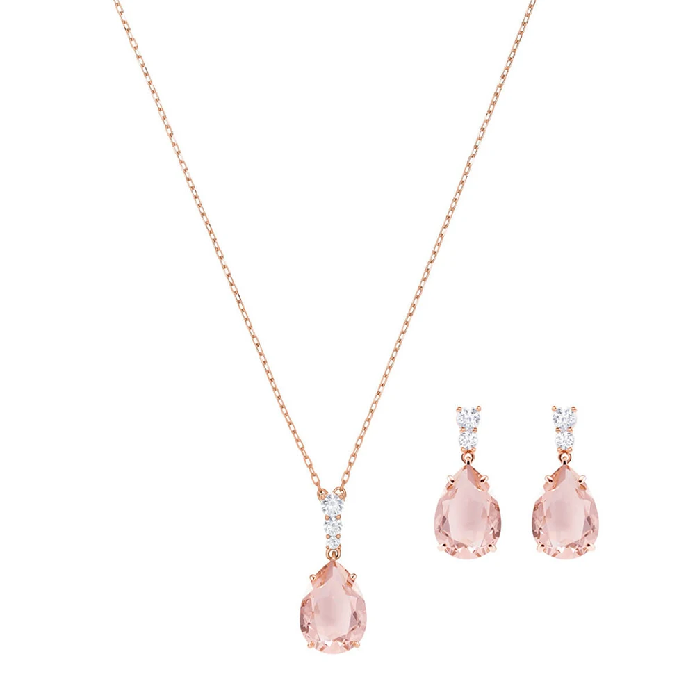 Fashion New High Quality Exquisite VINTAGE SET Fresh Pink Crystal Water Drops Female Retro Charm Clavicle Necklace Set