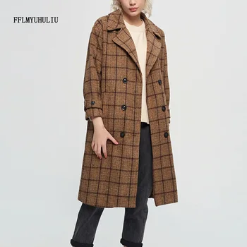 

Autumn fashion wool blends Winter coat turn-down collar double-breasted plaid overcoat slim long casual woman coats