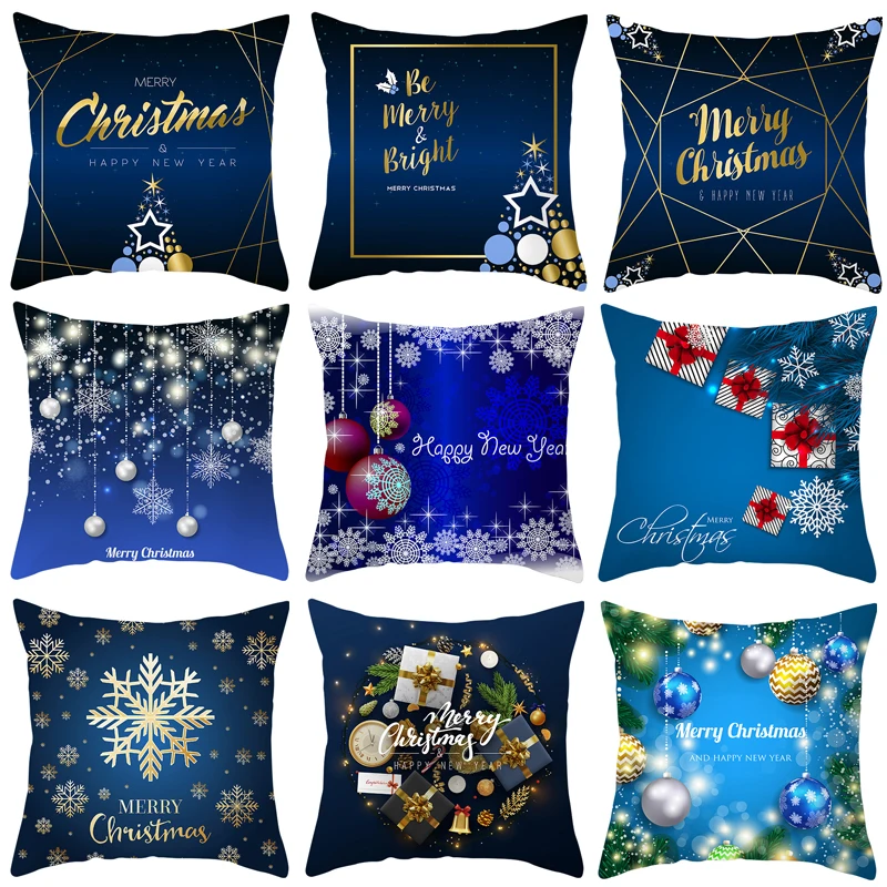 

Christmas Snowflake Cushion Cover Blue Polyester Peachskin Floral Gift Pillow Cover Sofa Office Home Beddding Decor Pillowcover