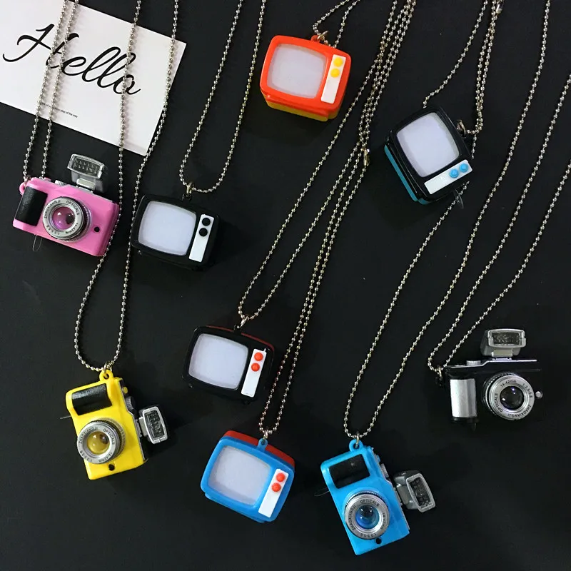 

Hip-hop Men's and Women's Retro Necklaces Small Cute Luminous Camera Light Glow flash TV Long Stainless Pendant Party Jewelry