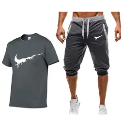 Летние мужские комплекты футболки + Брендовые мужские шорты одежда костюм из двух предметов спортивный костюм модные повседневные