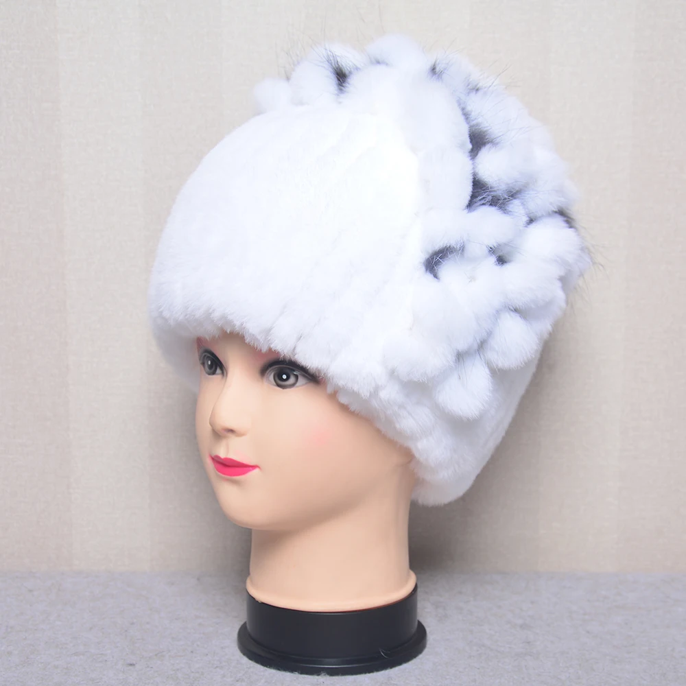 2025 Natural Rex Rabbit Fur Flowers Hat Women Winter Warm Handmade Knit Real Rex Rabbit Fur Caps Lady With Fox Fur Beanies Hats 4