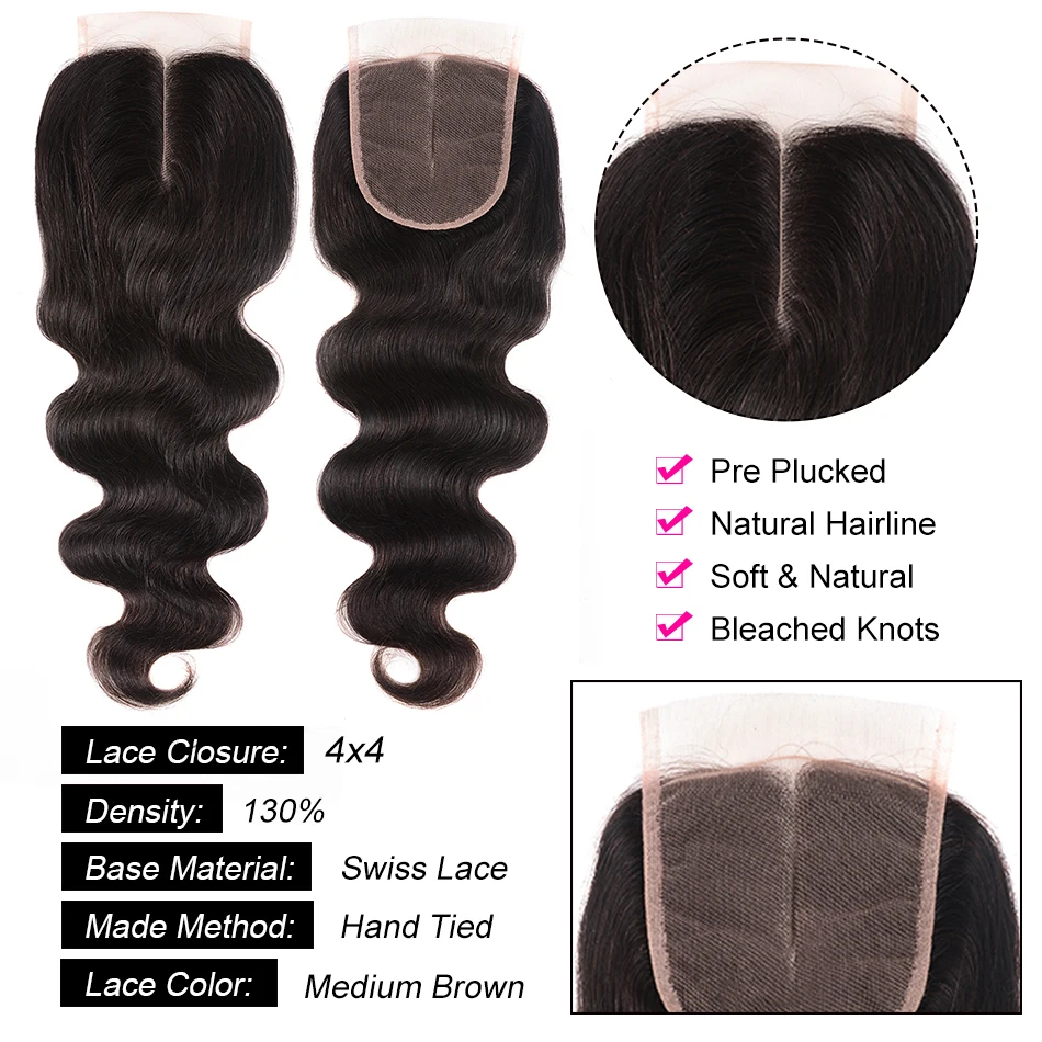 Бразильские синтетические волосы волнистые 4x4 швейцарская шнуровка человеческие волосы Закрытие 10-20 дюймов кружева закрытие натуральный цвет волос Aatifa