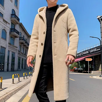 

Winter Mens Faux Fur Long Coat Overcoat Hooded Solid Over Knee Warm Coats U25