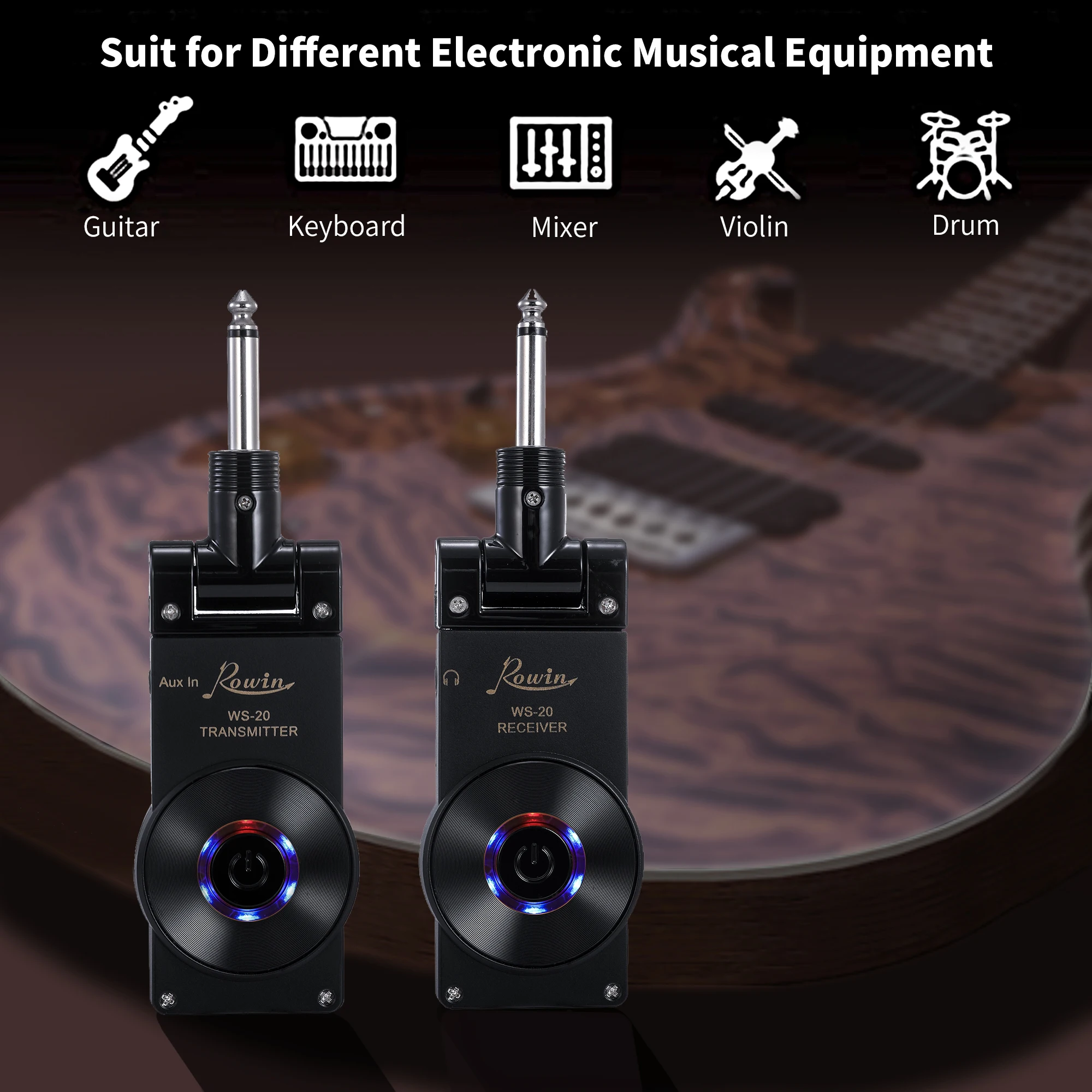 

Rowin WS-20 2.4G Wireless Guitar System Transmitter Receiver Set 30 Meters Transmission Range with USB Charging Cable 4 colors