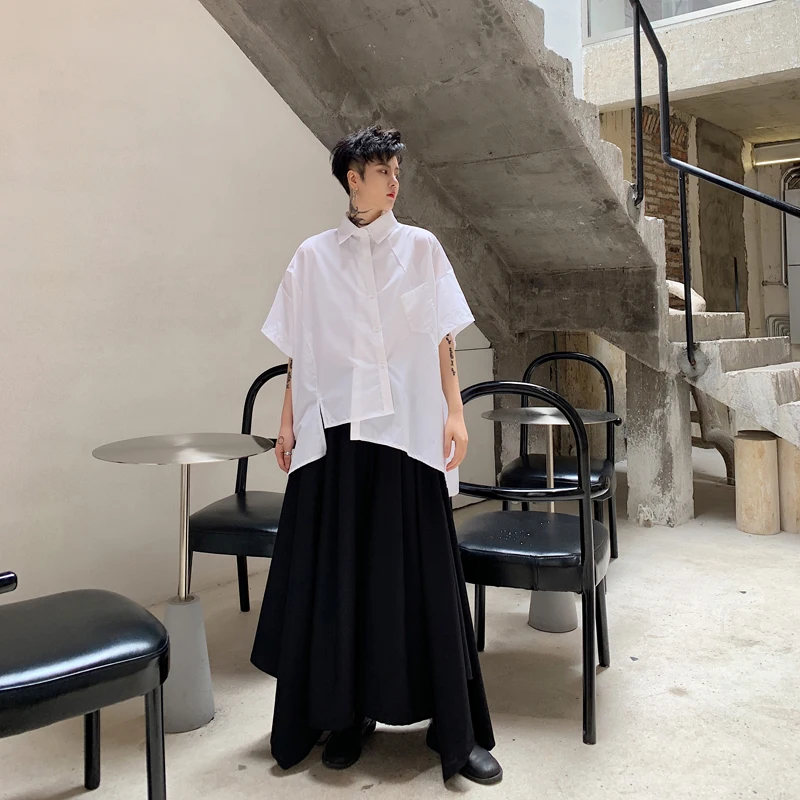 Men Short Sleeve Oversize Irregular Loose Casual White Black Shirt Male Japan Streetwear Hip Hop Party Dress Shirts Couple Shirt