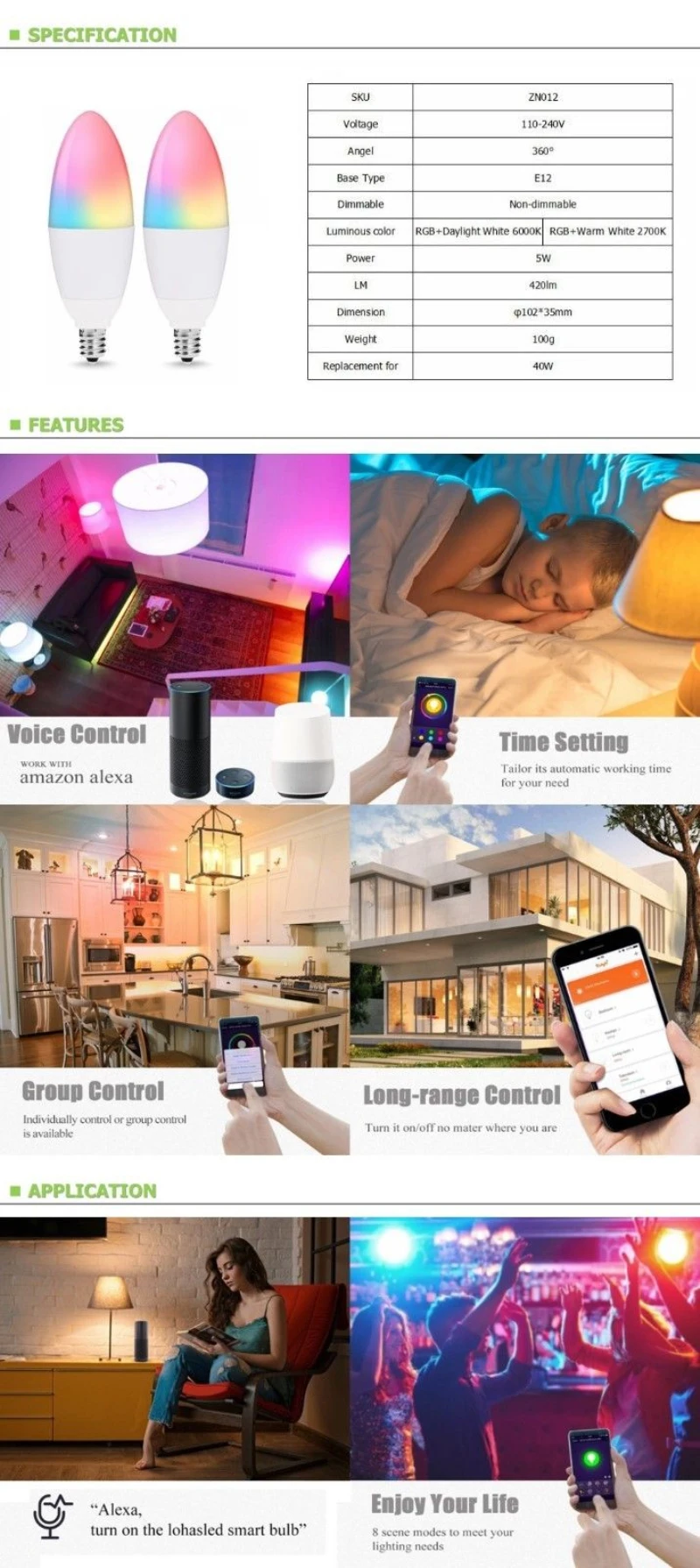 Умная Wi-Fi лампа-свеча E27/E14 RGB лампа AC85-265V с регулируемой яркостью поддержка управления через приложение для смартфона/Alexa/Google Home