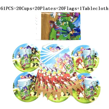 

61Pcs/31Pcs Newest Party Cartoon Sonic Kids Favor Tableware Boy Girl Birthday Plate Cup Flag TableCover Party Decorations Supply