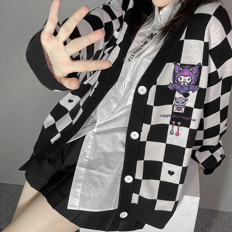 

Kawaii Sanrio My Melody Cinnamoroll Kuromi Sweater Cardigan Women Jk Uniform Checkerboard Knitted Sweater Anime Loose Sweater