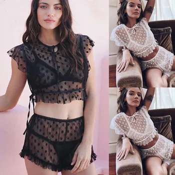 

pyjamas women sexy lingerie pijama mujer Sexy Women Polka Dot Lace Sleepwear Nightwear Mesh Tops+Shorts Pyjamas Sets пижама