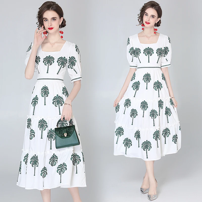 

The new 8653 printed coconut receive show thin waist hubble-bubble sleeve falbala resort elegance dress