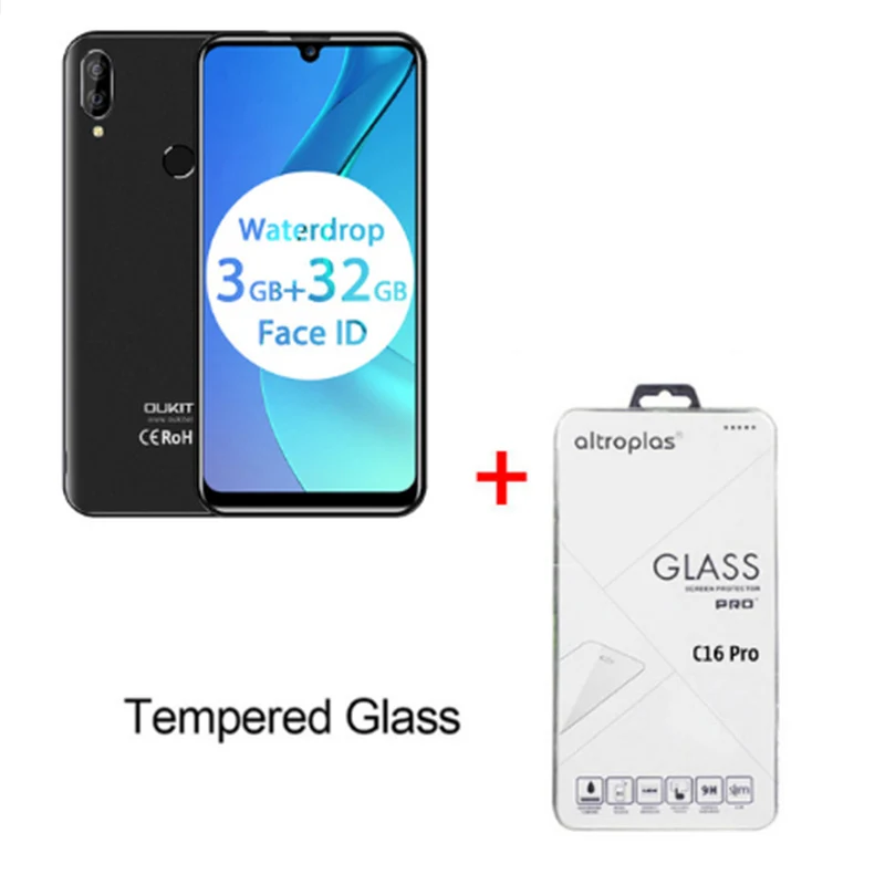 Смартфон OUKITEL C16 Pro, 3 ГБ, 32 ГБ, четырехъядерный процессор MTK6761P, 5,71 дюймов, экран в виде капли воды, 19:9, отпечаток пальца, LTE, 2600 мА/ч, для распознавания лица, мобильный телефон - Цвет: Black N Temper Glass