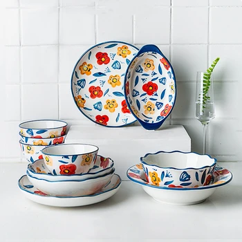 

Porcelain Tableware Creative Personality Floral Pattern Dumpling Dish Dinner Plate Salad Bowl Soup Bowl Farmhouse Style Cutlery