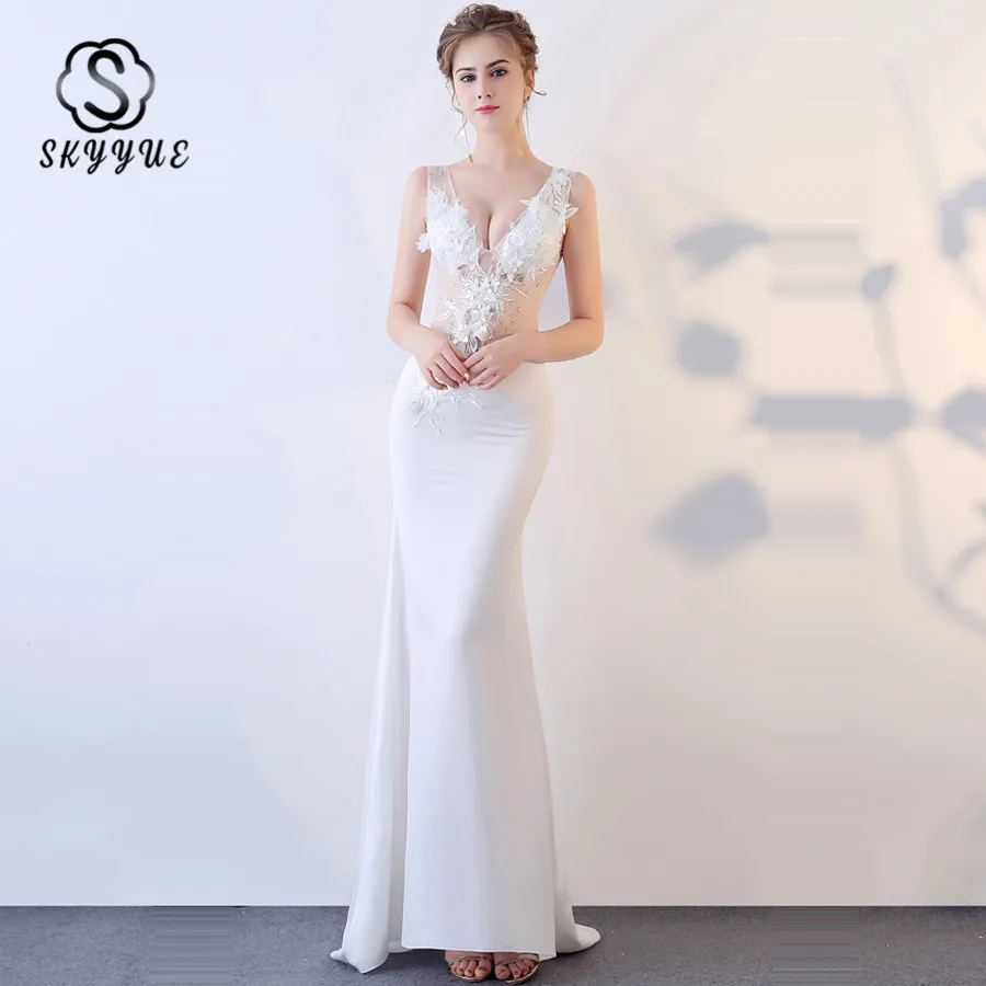

Skkyue Evening Dress Appliques Crystal Perspective Dresses Floor Length Robe De Soiree V-neck Sleeveless Evening Gown 2019 H043