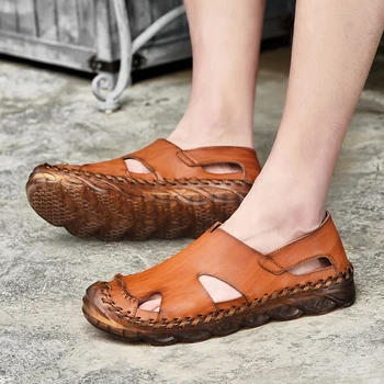 

New Fashion Outdoor Men Shoes Genuine Leather Men Sandals Summer Men Causal Shoes Beach Sandals Man Casual Plus size 38-46 w5