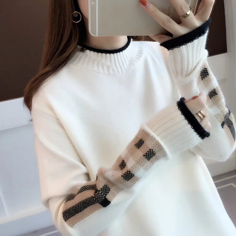 Корейский теплый женский свитер осень-зима круглый вырез вязаный свитер женский длинный рукав свободные пуловеры толстый свитер с вышивкой