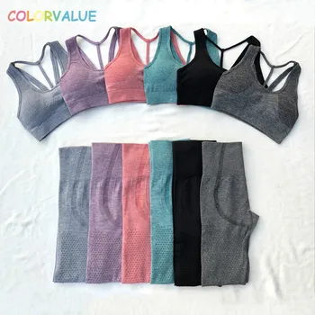 

Colorvalue Stretchy Hollow Out Seamless Sport Gym Sets Women Quick Dry Fitness Workout Suits High Waisted Legging Padded Bras