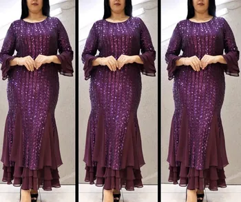 

2020 autumn elegent african women o-neck polyester sequined long dress