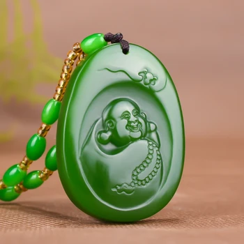 

Chinese Xinjiang Green Jade Buddhism Pendant Necklace Charm Jewellery Fashion Lucky Amulet Gifts Women Men Sweater Chain