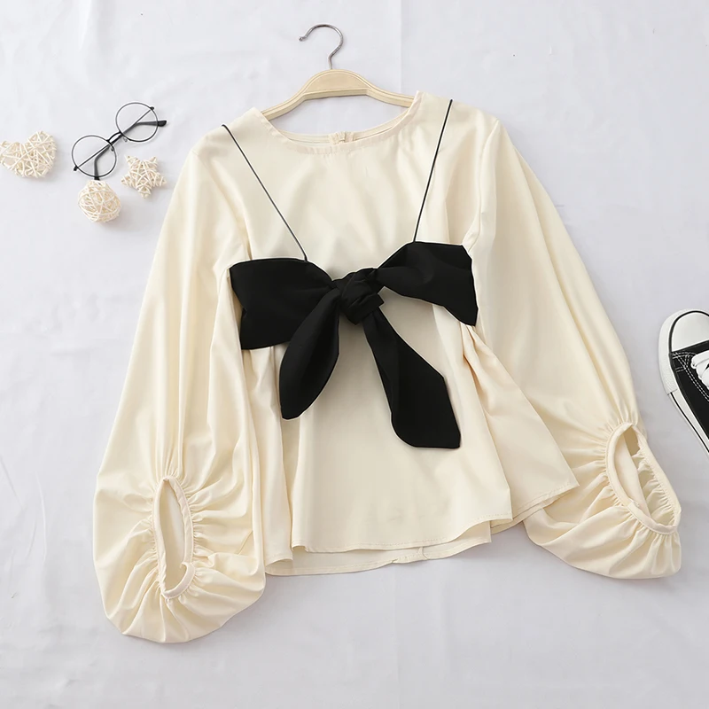 Neploe/Корейская мода, темпераментная блузка с длинными рукавами и фонариком, Camis, с бантом, Blusas Mujer, с круглым вырезом, Однотонная рубашка для студента, короткая, новинка 46605