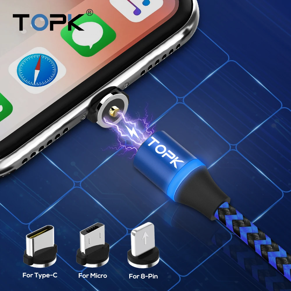 Магнитный usb-кабель TOPK для быстрой зарядки iPhone Xs Max 8 7 Xiaomi huawei samsung Micro USB кабель и кабель USB type-C