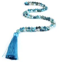 

Natural Stone Blue Striped Agates 108 Beads Mala Necklace For Men Women Yoga Meditation Knotted Jewelry Handmade Prayer Necklace