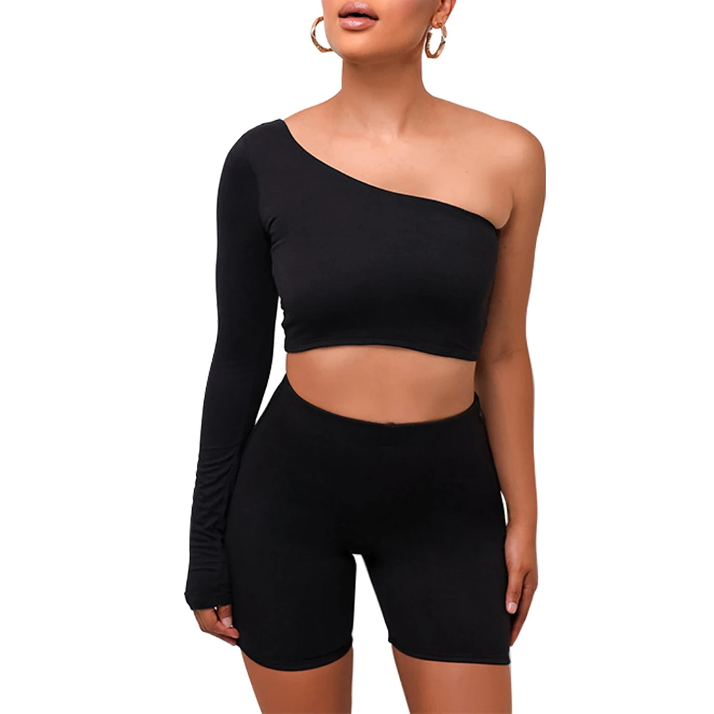 

2020 Solid Asymmetrical Two Piece Sets Women Tracksuit Crop Tops+elastic Bike Shorts Sporty Matching Suits Casual Female Outfit