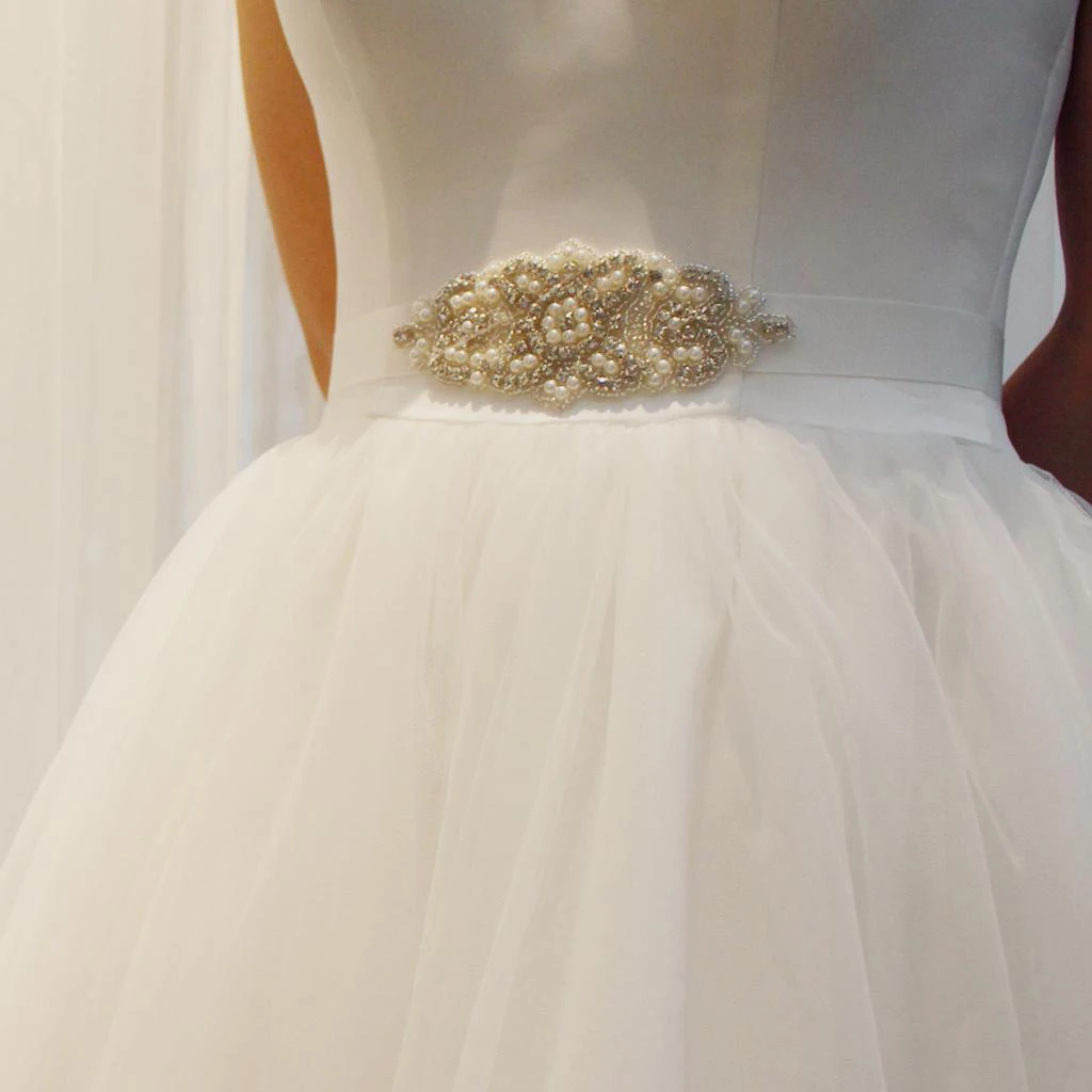 New 104'' Long Bridal Rhinestone Wedding Belts with Crystal and Pearls for Wedding Dress Sashes and Belt, Beige