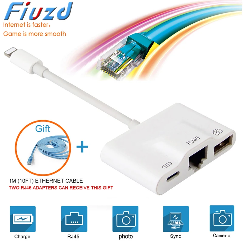 

OTG Digital Camera Reader Converter Ethernet LAN Wired Network with USB 3.0 For iPhone X/XR/XS/8/7 Adapter For Lightning to RJ45