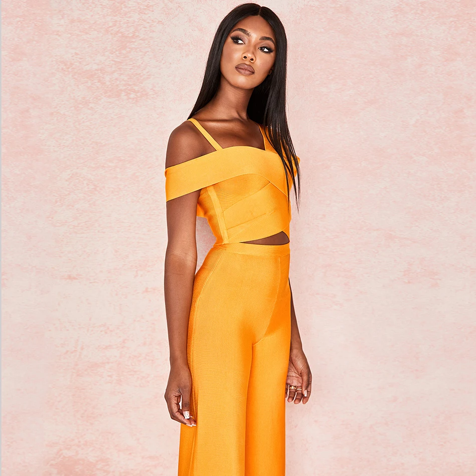 Autumn New Sexy Orange Women's Bandage Set Sleeveless Top& Wide Leg Pants 2 Two-piece Bodycon Celebrity Party Set Jumpsuit