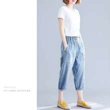 Летние новые простые студенческие свободные тонкие повседневные узкие белые ковбойские укороченные брюки женские большие размеры