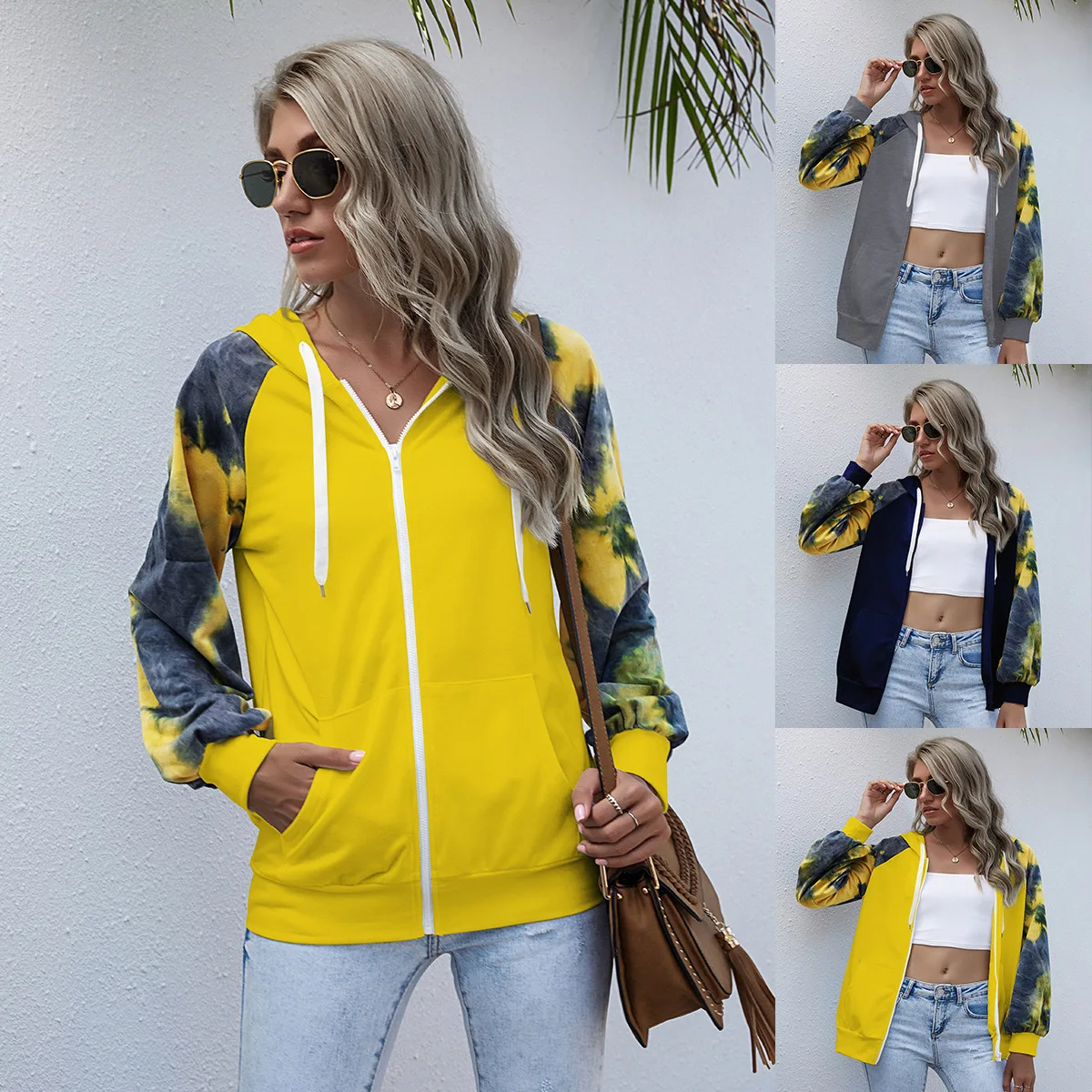 

Spring Autumn Tie Dye Coat Jacket For Women 2020Casual Long Sleeve Hooded Straight Outerwear With Zipper For Females Sports