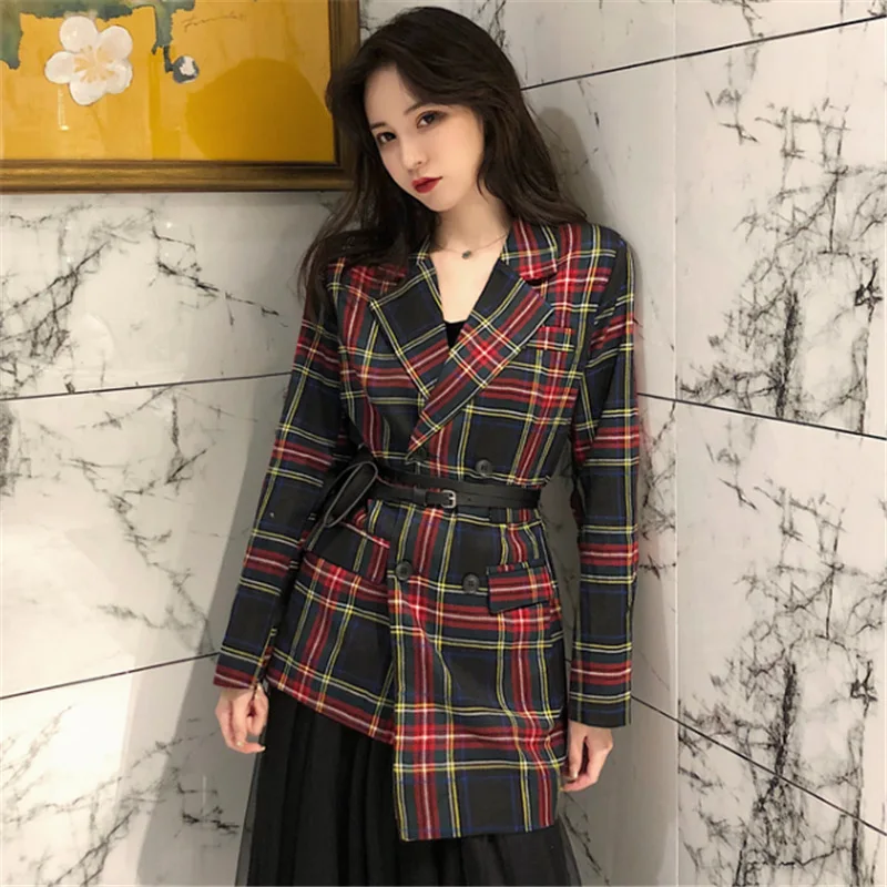 

JRHYME Asymmetrical Plaid Blazer Outwear Coat Female,Fashion Double Breasted Notch Lapel Long Sleeves Women Blazers And Jackets