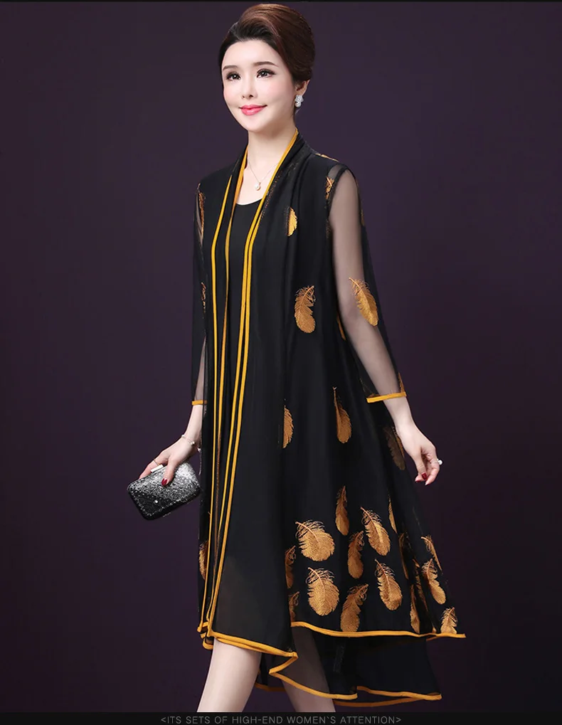 Retro Vintage Embroidery Middle Age Women's Two Piece Dresses Summer Dress Elegant Retro Plus Size Office Wear Dress HJ295