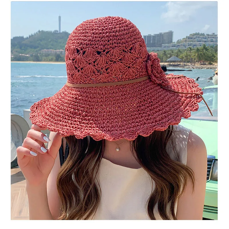 2021 di MODO di Estate delle Nuove Donne di Sun Benna berretto di pizzo beige Bowknot Fiori Nastro Piatto top Panama morbido Cappello di Paglia spiaggia_voghion.com