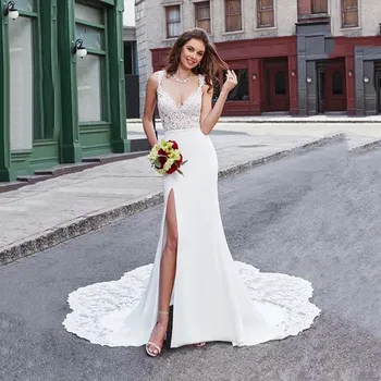 

Romantic High Split Mermaid Wedding Dress Satin Lace Sexy Deep V Neck Wedding Gowns Backless Sweep Train Appliques Wedding Dress