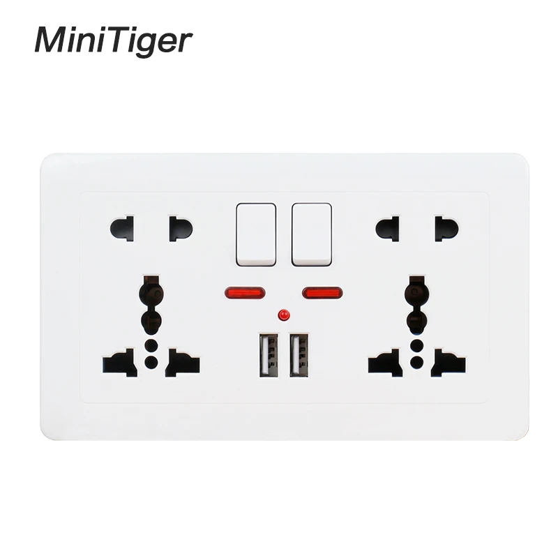 

Minitiger Wall Power Socket Double Universal 5 Hole Switched Outlet 2.1A Dual USB Charger Port LED indicator Curved surface