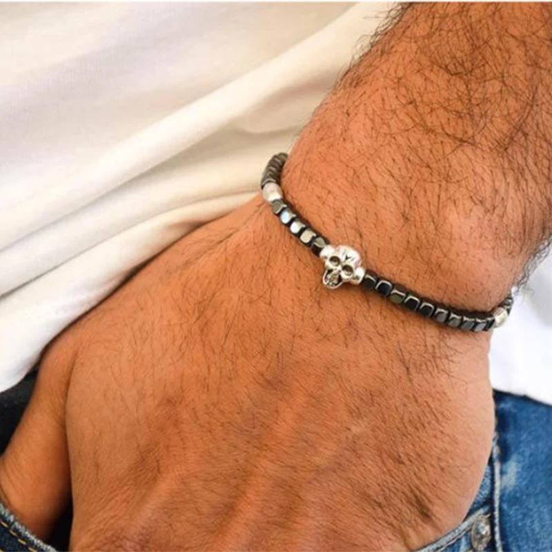 Mens Bracelets 2021 4mm Small Beaded Braslet Skull Natural Hematite Stone Braclet Homme Cross Brazalete Present For Boyfriend