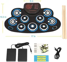 

Compact Size USB Roll-Up Silicon Drum Set Digital Electronic Drum Sets Kit 9 Drum Pads with Drumsticks Foot Pedals