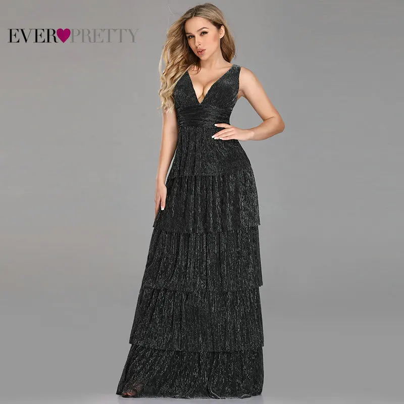 Black Prom Dress 2020 Ever Pretty EZ07766 Sexy V-neck Rufflues A-line Sleeveless Blush Pink Formal Party Gowns Robe De Soiree